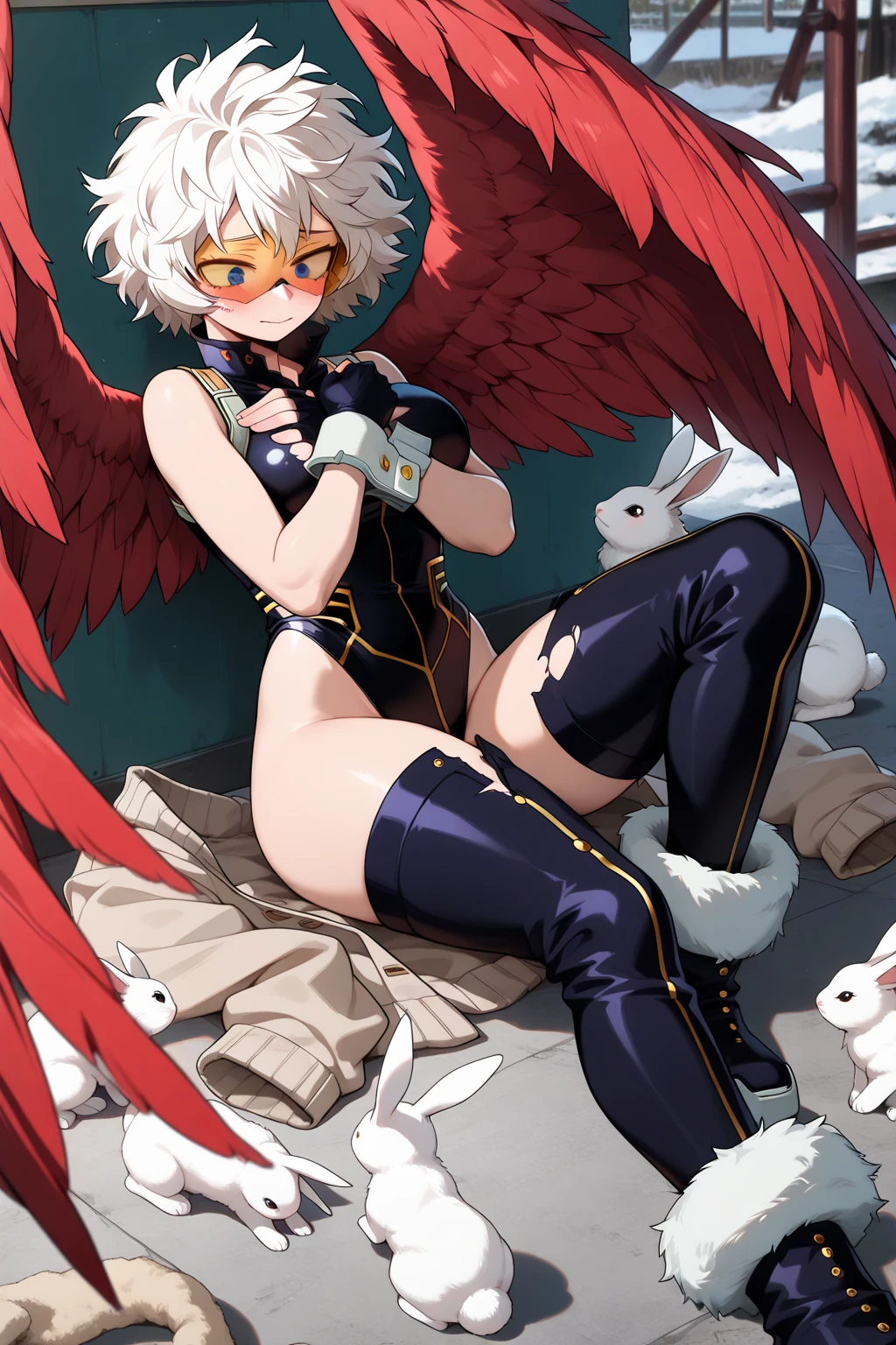 Egg-colored demon girl + Wear a white swimsuit with sleeves + white boots + It has white wings over black on its hips. + Long yellow hair tied up + yellow eyes + There is a small yellow star on the left cheek. + has a white tail + There is a white ribbon. + He has gray-white horns. + Has a black collar + There is a white shawl that leaves the middle. + Wearing red glasses. + holding devil fruit