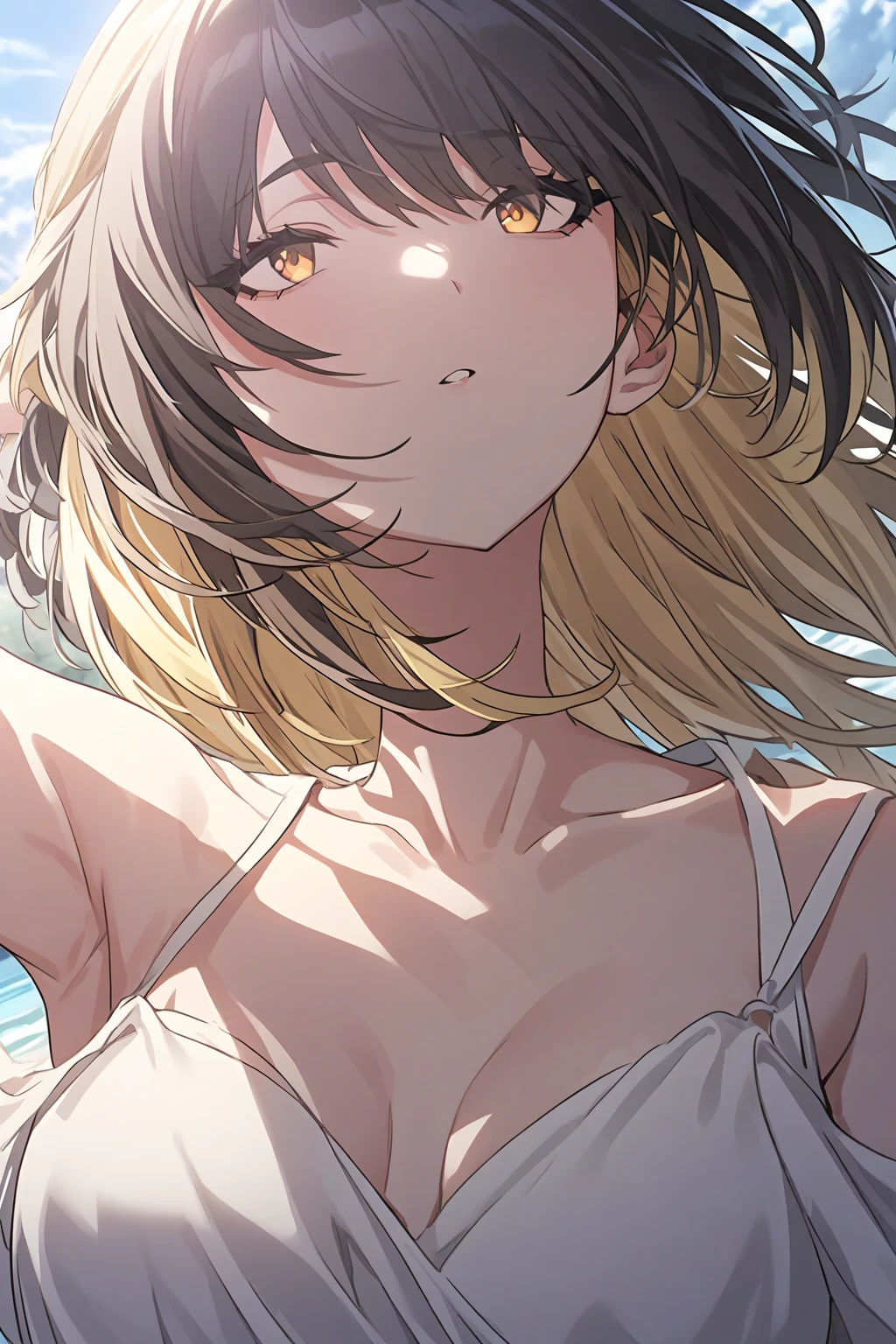 1girl、(((best quality)), ((masterpiece)), (details), masterpiece, best quality, high quality, ulutra detailed, perfect face, ((1girl, blond eyes, tiger ears: 1.3 blond long hair: 2.5,Mole under left eye：2.0))、Shiny Hair、Glowing Skin、Lustful look、Lying on a surfboard、surfing、smile、Rash guard、Shorts swimsuit、Ocean、Ocean上、