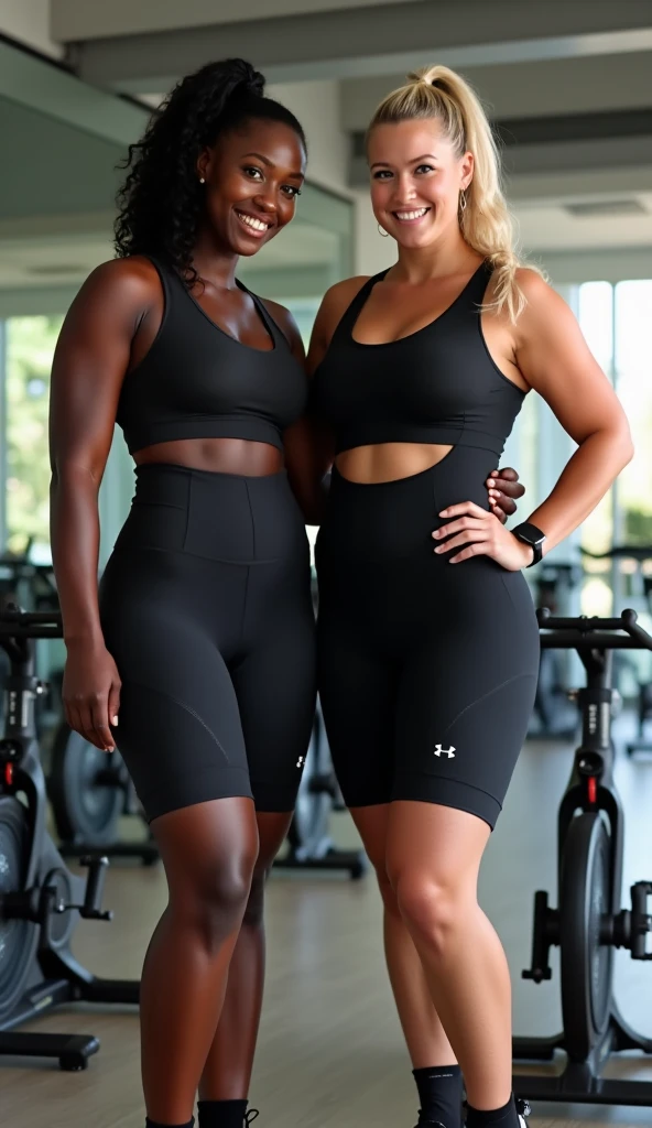 Pale skinned athlete girl in shiny sports panty on the left side.a thin african athelete girl in the right side.walking away