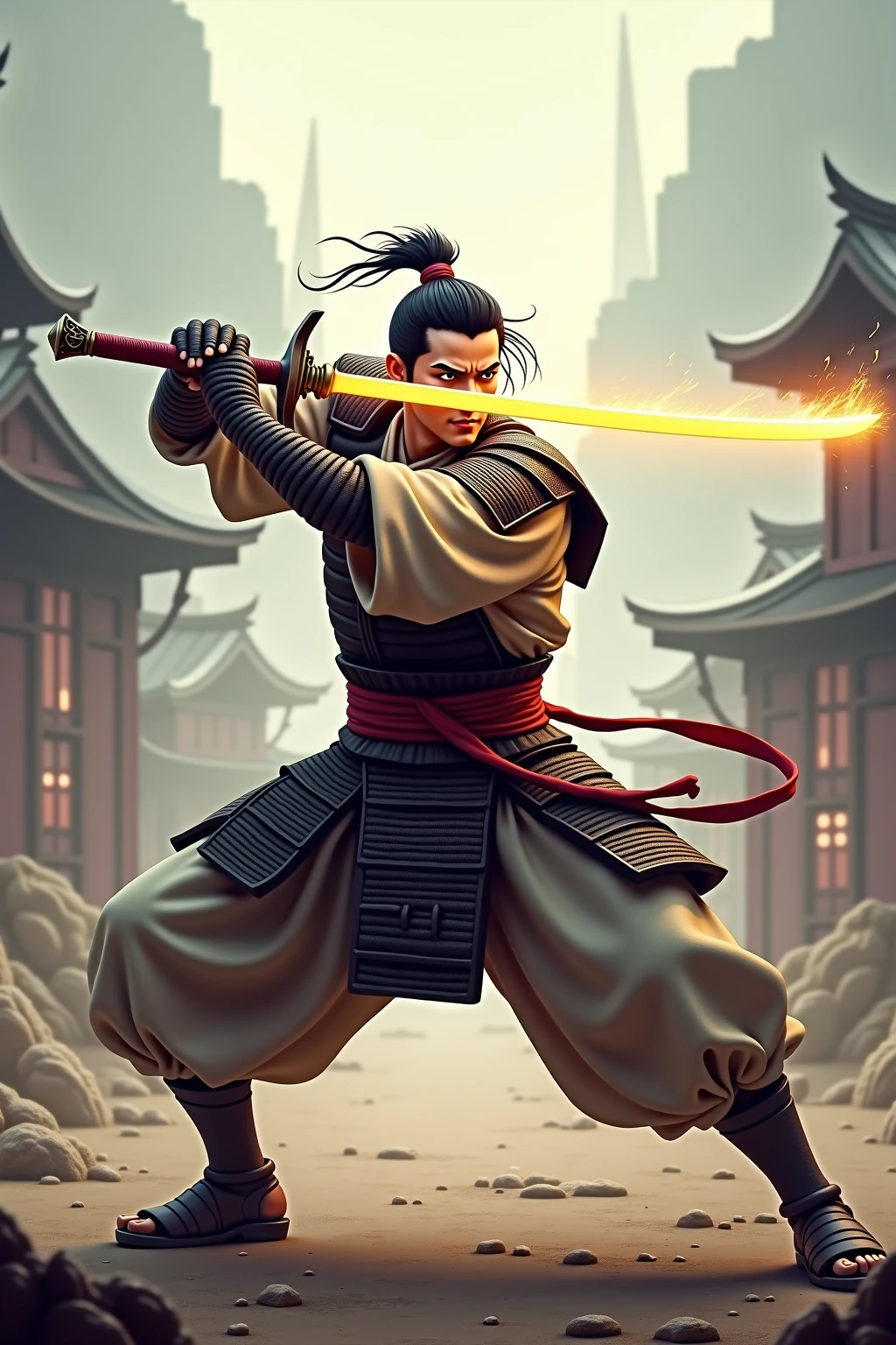 Man, strong, black hair, oriental look, ultra realistic, 4k, oriental temple background, defined body, serene look, samurai bun, wearing a kimono