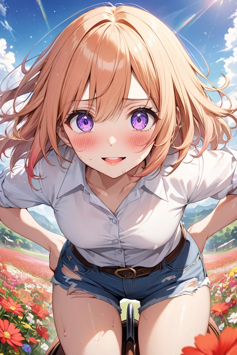 1 girl, 18yo, (flat chest: 1.5), blue eyes, light brown hair, bob cut, summer outfit, smile, open mouth, Lavender fields, big Lake, Mt. Fuji, upper body, bule sky, 8k, RAW photo, best quality, masterpiece, extremely detailed 8k wallpaper, ultra-detailed, best shadow, detailed background, beautiful detailed face, beautiful detailed eyes, nice hands, perfect hands