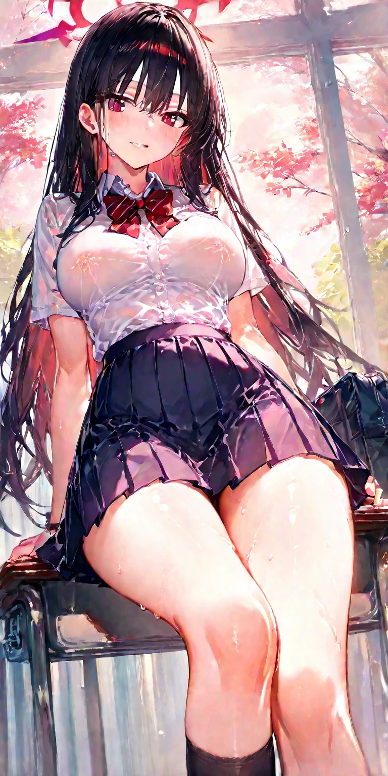 1girl as yukino yukinoshita ,black hair,Red ribbons ,((Impatient expression)),Beautiful breasts,(White shirt:1.2) black knee high socks,pleated skirt ,well-styled, (Facing the front)(((Blushing cheeks、embarassed expression)),(((The skirt is rolled up by the wind)))