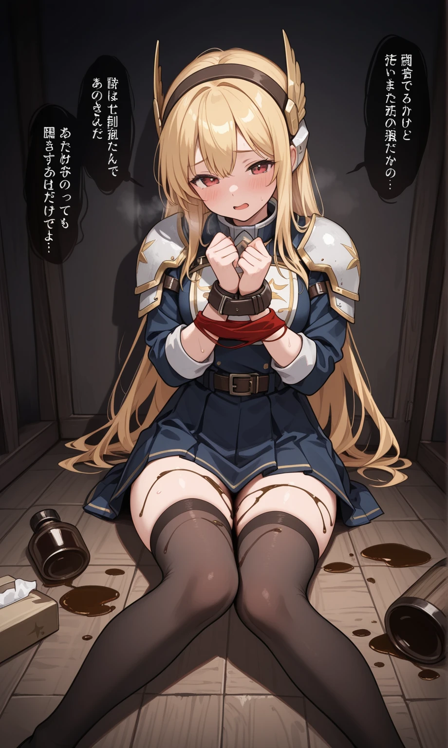 ((1 girl)), ((sitting on chair)), ((rope bondage)), ((arms behind back)), ((fully bound)), (restrained tightly), ((helpless)), (Red dress, tights socks), ((blushing)), ((gagged))