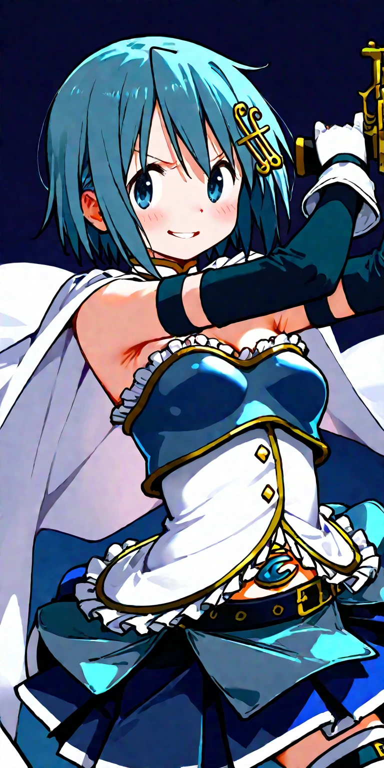 1girl, solo, masterpiece, best quality,
        <lora:sayaka-madomagi-01:0.6>,
        hair ornament, musical note hair ornament, musical note, fortissimo, gold trim, frills, detached sleeves, gloves, mahou shoujo madoka magica, miki sayaka, sayaka miki, blue eyes, tareme, blue hair, short hair, bob cut, magical girl, cape, white cape, collarbone, shiny clothes, strapless, cleavage, soul gem, white gloves, medium breasts, midriff peak, belt, belt buckle, skirt, blue skirt, pleated skirt, miniskirt, thighhighs, white thighhighs, leg belt, boots, blue footwear, hanging breasts,
        all fours, looking at viewer, breasts,
        blush, smile, parted lips,
        simple background, white background, heart background, heart, spoken heart
