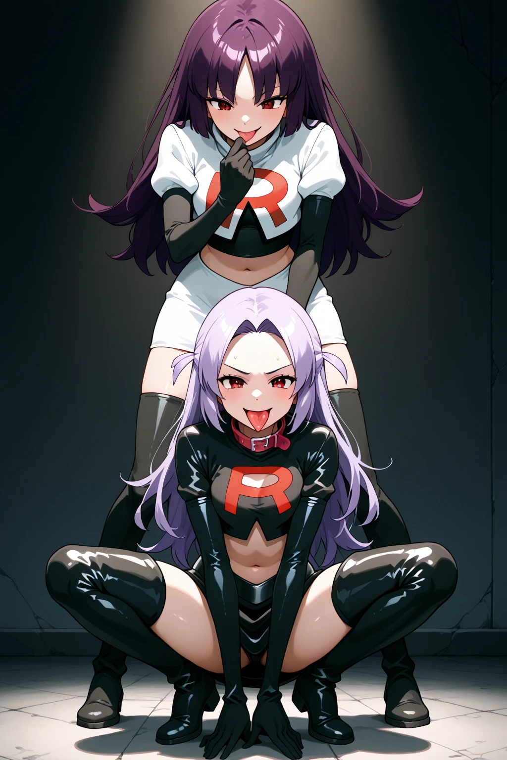 blindfolded braid adult twin sisters in very skin tight long sleeved velvet onesies and trainers eyes tightly covered unable to see in a meadow