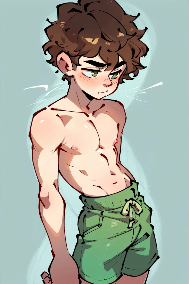 A naked man wearing only a yellow and green thong with his curly hair 