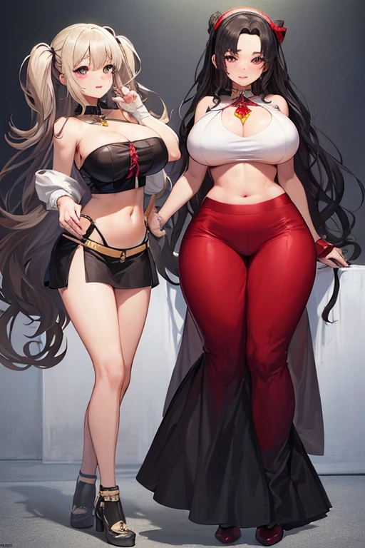 2girls, nose piercing, standing, jewelry, red mini dress, black mini dress , (insanely detailed, beautiful detailed face, masterpiece, best quality), cleavage, piercing blue eyes, full body shot, blank background, white background, holding hands, romantic, lesbian, black girl, white girl, red hair, black hair, touching, fondling, panties