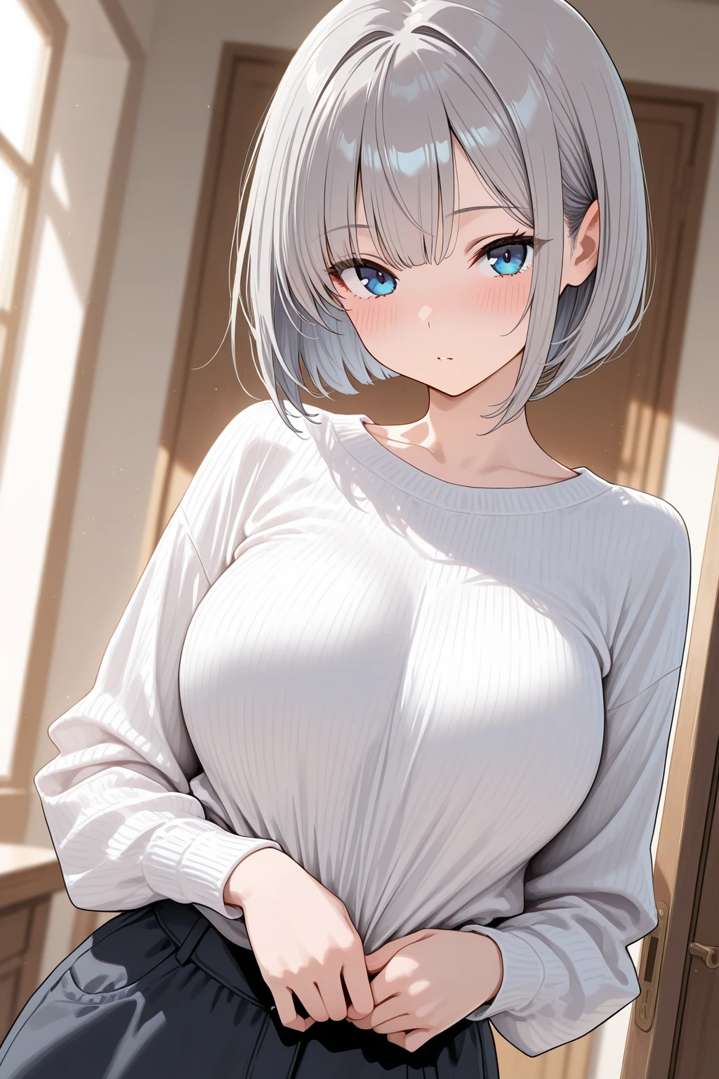 score_9, score_8_up, score_7_up, intricate details,
1girl, solo, closed eyes, sitting, sweater, smile, white hair, short hair, detached sleeves, couch, , dress, turtleneck, indoors, blush, white sweater, sweater dress, jewelry, long sleeves, facing viewer,  shoulders, earrings, turtleneck sweater, on couch, cable knit, thighs, sleeveless, parted lips, turtleneck dress, feet out of frame, white dress
