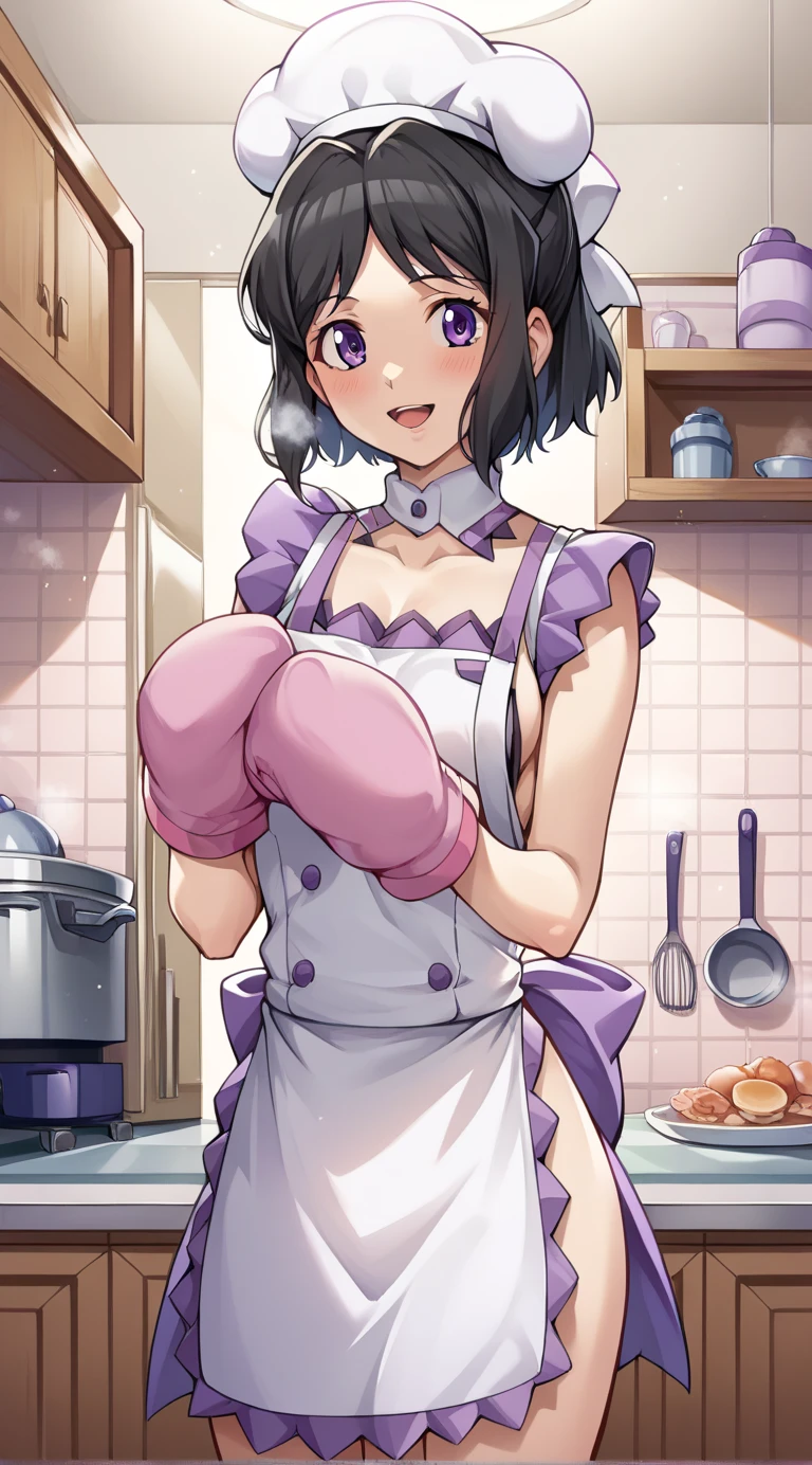 1 girl, small nose, very beautiful detailed face and eyes, bright colors, cute face, delicate beautiful face, Bright magenta eyes, cute eyes, sparkling eyes, Big eyes, (big breasts:1.3), (perky chest:1.1), (pointed chest:1.0), (cake magazine cover:1.3)，highest quality, WorKs of masters, High resolution,BlacK color hair，shiny hair, side ponytail,hair between eyes,bangs, (black jacket, real clothes, cleavage, black skirts, black thighhighs, thigh strap, fingerless gloves, single glove:1.2) , spread legs, panties shot, medium hips, glamorous body, white skin, smile, thin pubric hair, super beautiful face, Super beautiful eyes, Super beautiful hair，trendy outfit，sexy and attractive,full body esbian, Real World, Natural light,perfect Natural light,(with sparkling eyes and a contagious smile), This masterpiece is not only visually stunning but also tells, make of cake cooking , in the kitchen, open mouth, looking at viewer, 