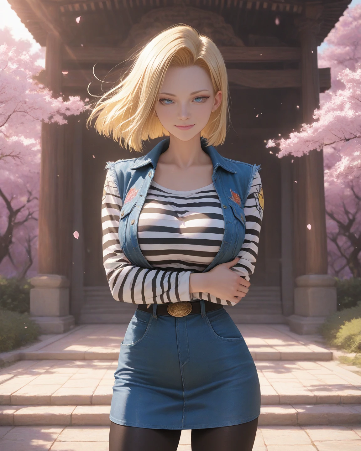 mature woman, <lora:Temari Nara v2:0.8>, blonde, 4 ponytails, 4 hair tails, russian dress, red blue and white russian kimono, field background, sunset, 8k quality, high resolution, extremely detailed, intricate details, natural skin texture