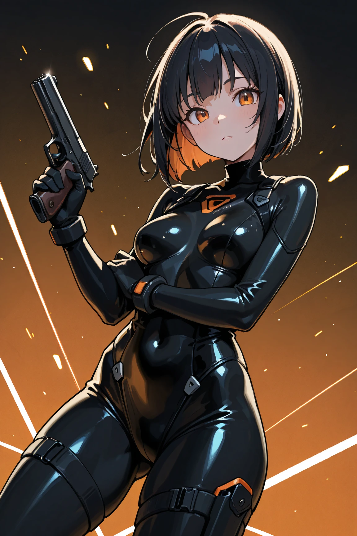 ultra-detailed, Explicit, Beautiful body, Beautiful Nose, Beautiful character design, perfect eyes, perfect face, ultra highres, 4K, beautiful legs, perfect legs, Nice hands, Perfect hand, Masterpiece, Best Quality, Highly detailed, illustration, absurdres, perfect anatomy, street fighter, doll suit, shadaloo doll, dollsuit, expressionless, blank eyes, looking at viewer, red gloves, emotionless, black latex, corrution, mind control, female combatant, full body, hypnotized, unhappy trance, full body suit, ribbed bodysuit, both arms at side, obey, perfect female body, extremely glossy latex, hypnosis, hypnoLora, empty eyes, Mind control device, poses, submissive_pose, Slave, standing straight, standing, standing at attention, hat, necktie, belt, latex, ribbed bodysuit, thighhighs, garter belt, Fighting Stance, extending the right arm from the shoulder into the air with a straightened hand, military, thigh boots, hair ornaments, black hair, short hair, green eyes, (((pixel-perfect, detail-perfect))), solo, 1girl, {kohinata_miku_senkizesshousymphogear:0.8}, Kohinata Miku ShenShoujing, Senki Zesshou Symphogear, bangs, ribbon, hair_bow, hair_ribbon, view from back, looking from back, ass