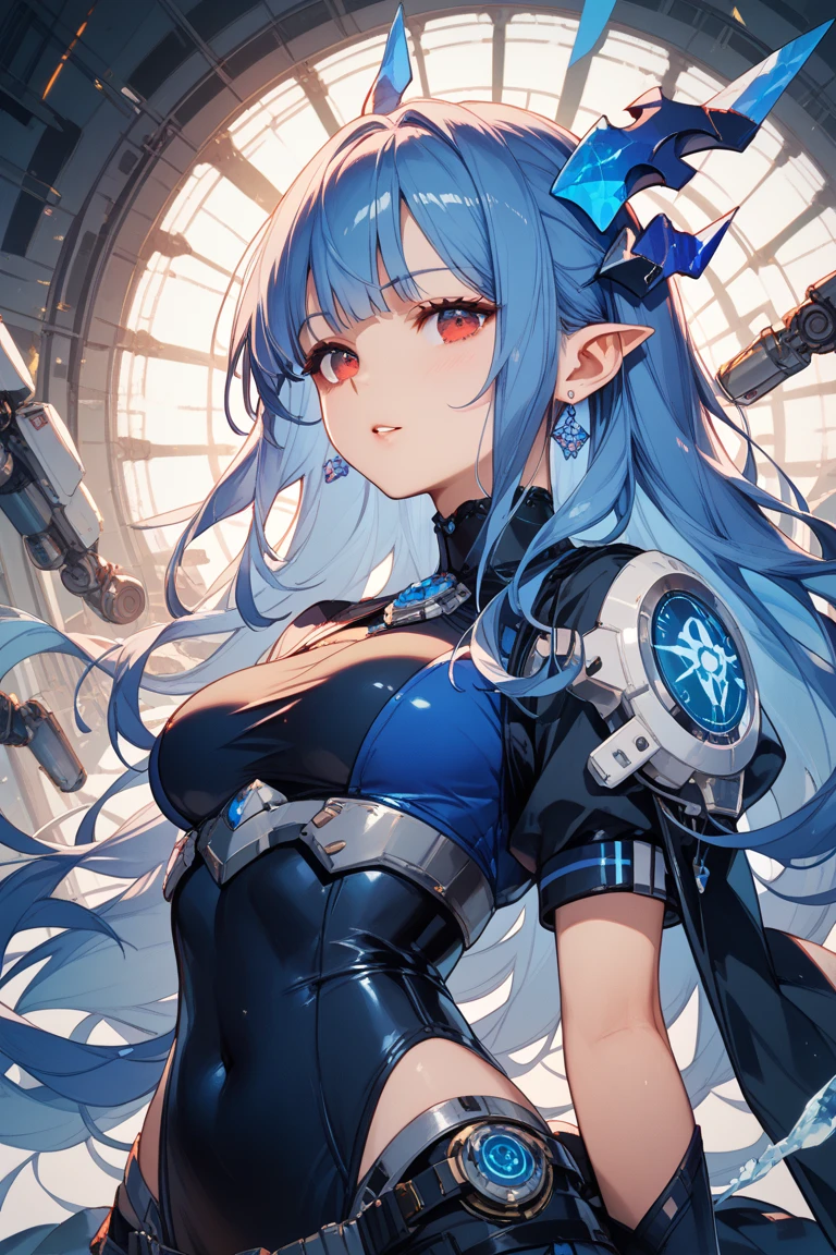 ((Best Quality)), ((masterpiece)), (detailed)((Perfect face)), ((defined hands)), Girl, long navy blue hair, blue eyes,completely blue skin, pointy ears, serious expression, vampire fangs, fitted black tank top with ACDC letter print, transparent nipples, work gloves, holding a drill, robots,metallic cyberpunk machine taller, blue holograms, blue technology, night landscape, neckline, big breasts, repairing a robot, long hair high ponytail hairstyle, blue skin