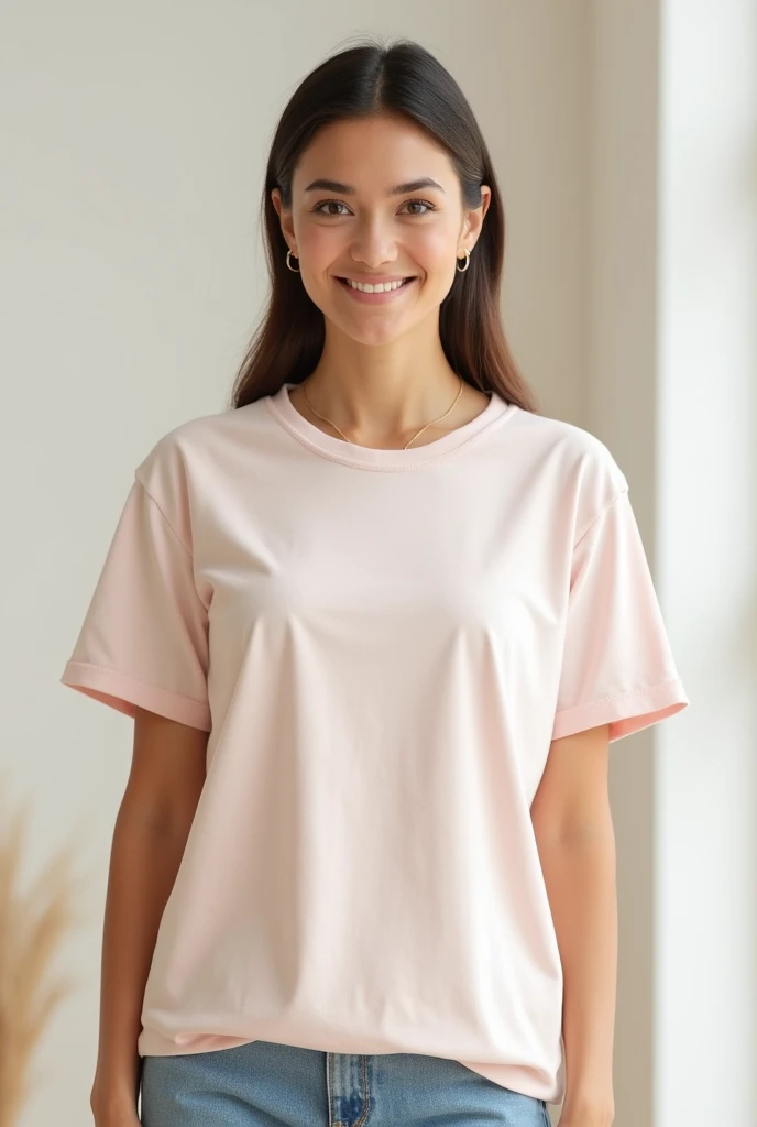 young latina woman with plain pink shirt, BASIC, cotton with white background, Whole body