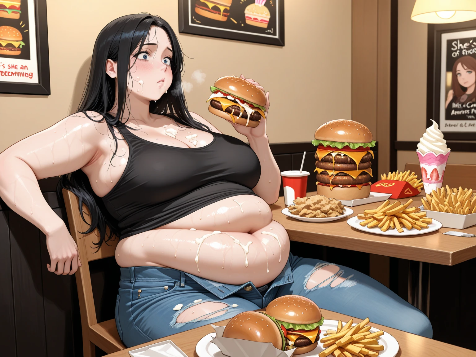 make that brownhaired girl bigger and fatter than 100kg while she eat some burgers