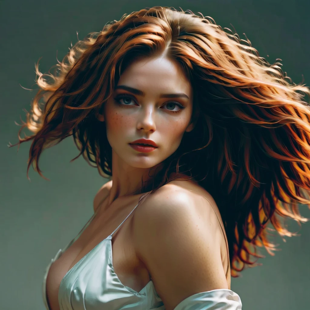 uma fotografia de uma mulher ruiva com cabelos varridos pelo vento, your hair tangled like flames against a twilight sky, emanating indomitable beauty
