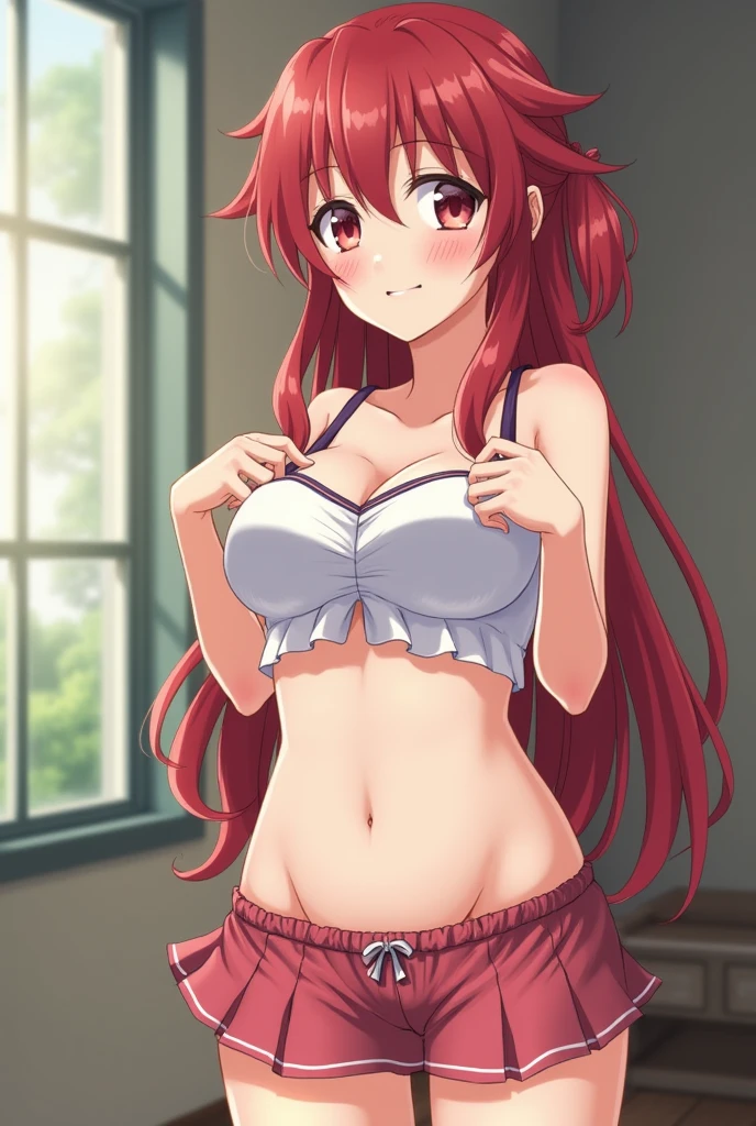 1girl,alone,mio naruse, (extremely detailed CG unity 4k wallpaper), (masterpiece), (best quality), (ultra detailed), (best illustration), (best shadow), (absurdities), (detailed background ), large breasts, medium waist, wide hips, medium thighs, round butt, red hair, long hair, single, ribbon, hair ribbon, black ribbon, indoors, blush, very long hair, collarbone, two sides up , red eyes, cowboy photo, hair between the eyes, two stories, interior, house, bedroom, bedroom,solo, looking at viewer, looking back, from behind, focus on ass, pov (from below), underwear, shorts , long hair, panties, breasts, open fly, ribbon, navel, hair band, big breasts, camisole, red camisole, cleavage, smile, panties with bow, two sides up, midriff, unbuttoned, shorts, shorts open, denim, unbuttoned, standing, perfect anatomy, perfect hands
