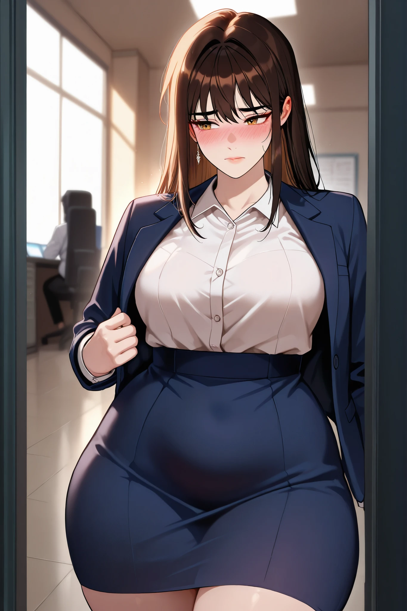 Anime girl in business suit with big belly