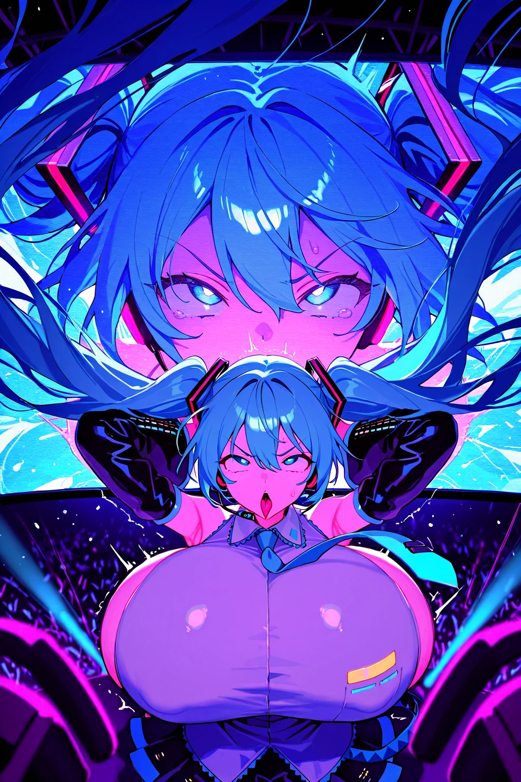 (masterpiece),(Highest quality),(Super detailed),(Best illustrations),(Best Shadow),(Absurd),(Detailed Background),(so beautiful), 16K, 4K, (so beautiful)Hatsune Miku, One person, alone, curvy, Big Breasts, , , , , fluorescent pink eyes, , BDSM, bunny suit, Oculogyric crisis, , Perfect figure, heart-shaped pupils, Looking up, , paw pose, Arched back, , , , orgasm, afterglow, erotic smile, , Beautiful nipples, pussy, , , Sexy posture, , , cross-eyed, rolling eyes, , water eyes, tears, , , , , saliva trail, , shiny skin, , Hypnosis, torogao, ahegao, BREAK, Breast fetish, Dramatic lighting, Psychedelic Background, Clear liquid, , night, , brainwashing, Torrent of Light, mysterious, spoken heart, (Perfect Arms, Perfect breasts, Perfect Anatomy),