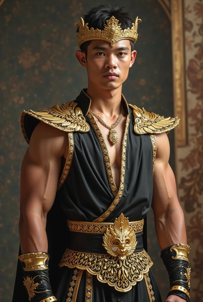 Hyper realistic, Masterpiece, detailed, 8k, a delicate and graceful image of a Handsome javanese male, shirtless, tan skin, golden ornament, golden shoulder pads, night view background, ancient indonesian building, undefined, undefined, hairy abs, wavy medium hair black, big penis, nude, naked