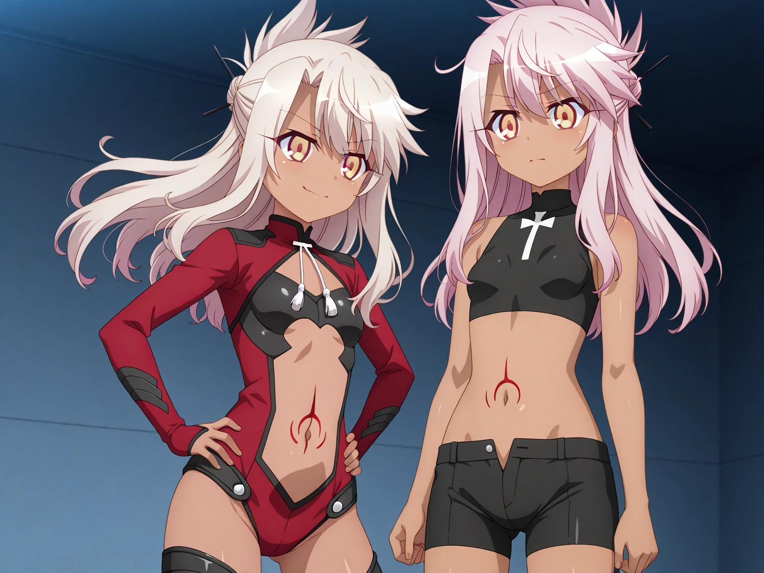 a girl, Saiyan, spiky white hair, green eyes, defined muscles, thin waist, wide hips, dark skin, medium breasts, tight clothes, white t-shirt, black pants, kissing, two girls kissing, the girls kiss

a girl, short red hair, tight and feminine clothes, would be kissing the other girl, kissing