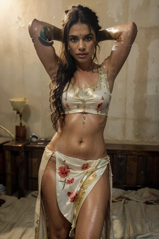 masterpiece, best quality, High resolution k, professional artwork, famous artwork, dramatic,Inspired by the 007 movie, movie lighting, beautiful eyes + detail, beautiful hair + detail,Golden ratio,perfect composition,1 injured woman,Bruising,Bruising,scars,damaged clothes, (Perfect body:1.5), (cheongsam),((复杂的设计师cheongsam、stripe、pattern、badge、hollow)),Deep V,性感的long legs,迷人的long legs,Thin waist and wide hips:1.3, long legs:1.3, looking at the audience, sexy lips, flowing hair,Very detailed,Tense atmosphere, ((dramatic氛围1:1.5)), night,In the abandoned basement, start from below,Two men standing behind the woman,Two men standing behind a woman