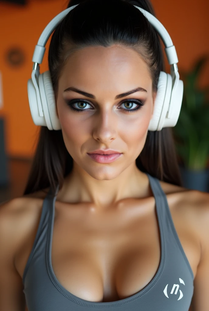 woman with angelic face working out in bedroom with headphones and watch 