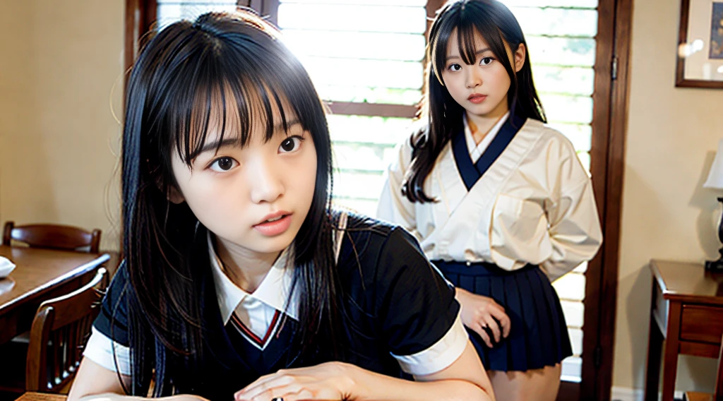 Highest quality，masterpiece，Ultra-high resolution, Very detailed, 8K，a 15 years old beautiful Japanese woman:1.5, Small face, Black Hair, blunt bangs, Breast Augmentation Surgery, (High school uniform:1.5, Pleated skirt), 　((chest tied with rope、　Hands tied with rope、　Put your hands behind your head))、　classroom