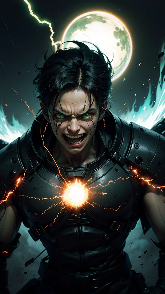 Reverse Flash stands atop a lightning-struck tower, his eyes glowing with malevolent power. His costume is a black and red blur, with a glowing yellow lightning bolt emblazoned on his chest. His hands crackle with electrical energy, ready to unleash his devastating power.

