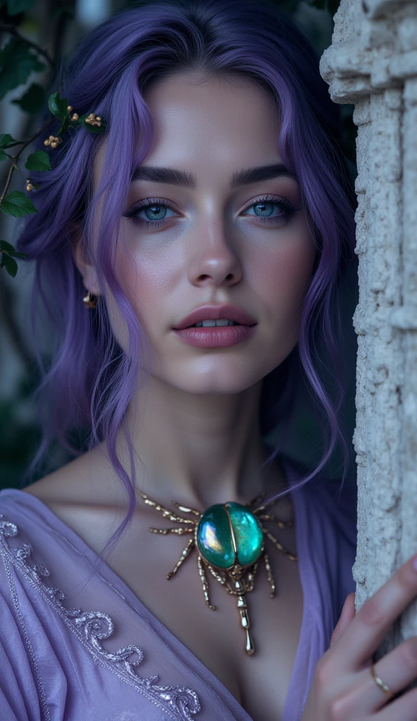 a beautiful curvy white-skinned princess with purple hair, detailed jewelry, photorealistic, highly detailed, cinematic lighting, chiaroscuro, fantasy, digital art