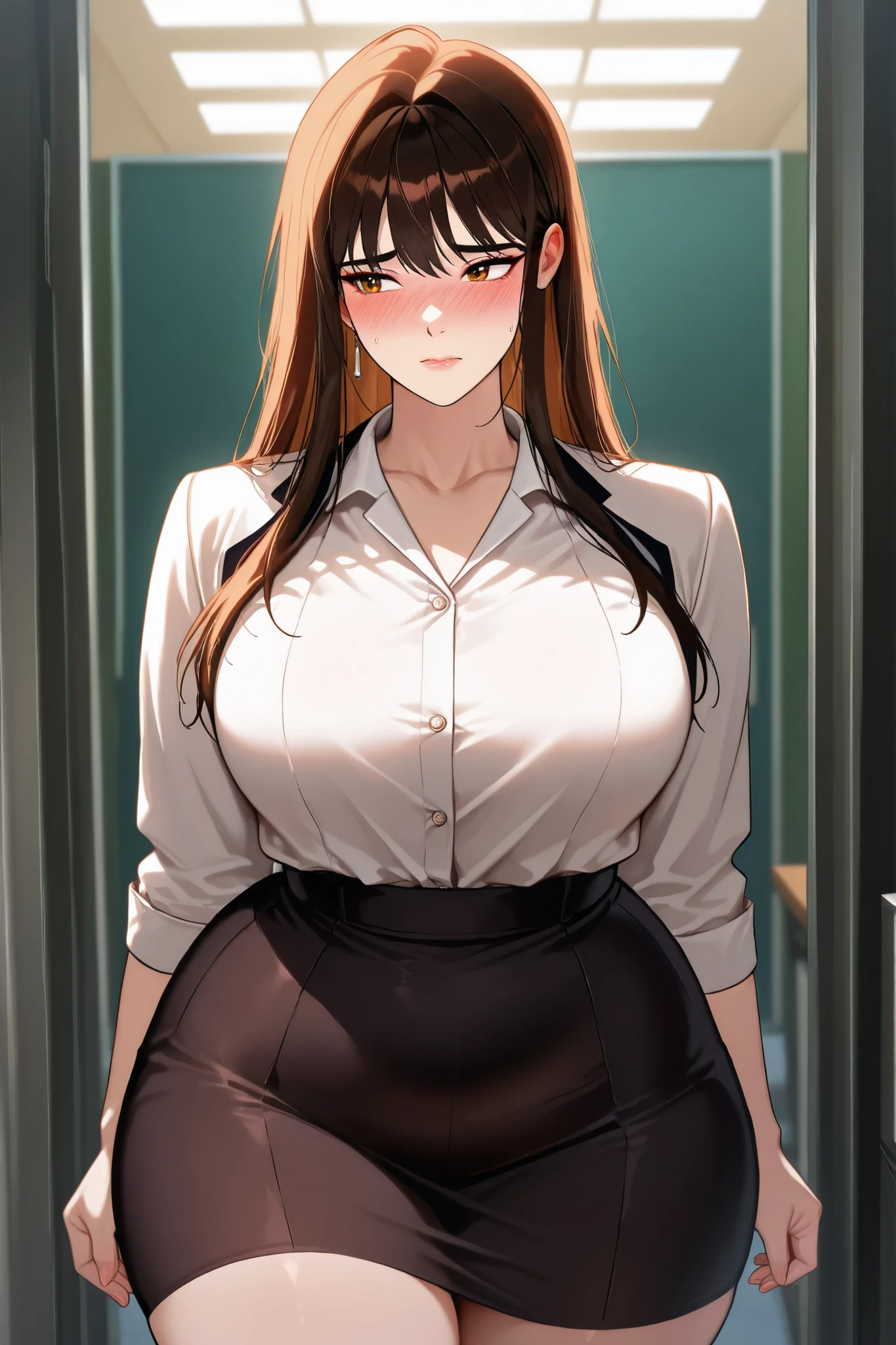 Masterpiece, 4k, High Resolution, wide hips, manhwa style, office lady, seductive, medium breasts, adult, shy, insecure, self conscious, overweight, chubby, chubby waist, pudgy waist, ill fitting outfit, chubby belly, fat, secretary, big waist, buttons straining, tight outfit, not confident, standing near a desk,