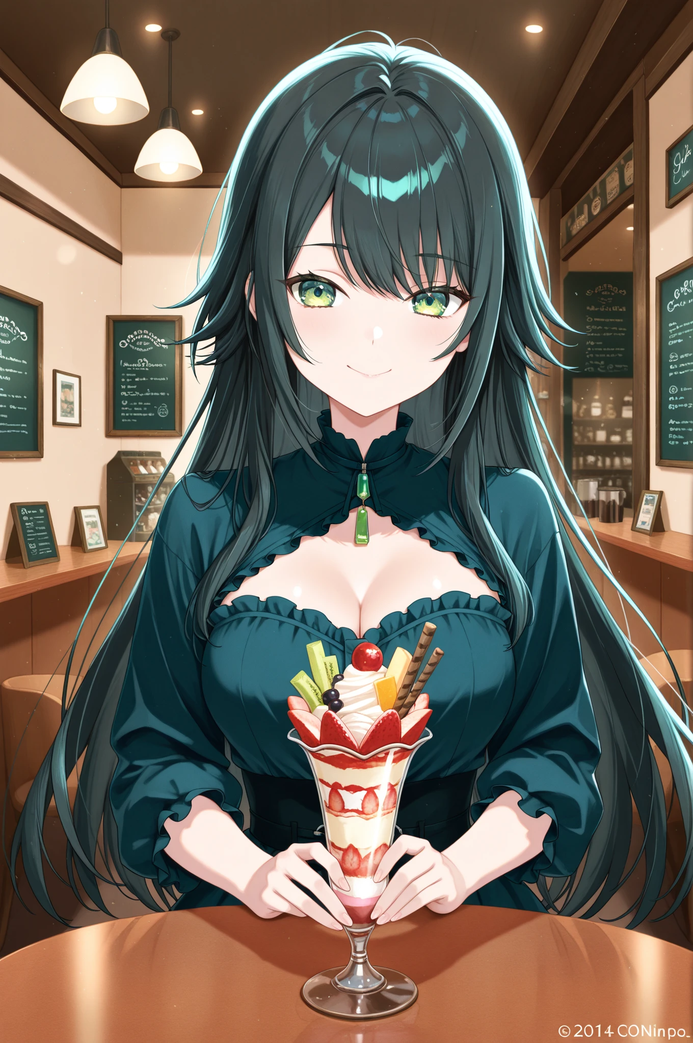 "A smiling woman facing the camera. She is wearing an outfit that reveals her cleavage, complemented by very deep blue-purple hair styled in flowing waves, adding depth and dimension. The hair shimmers under the light, highlighting its rich texture. The background features a cozy kitchen with various utensils and food items. In the foreground, there are two jars filled with vibrant pickles, with clear labels visible. The image includes contrasting text that says 'Packaged' to emphasize."