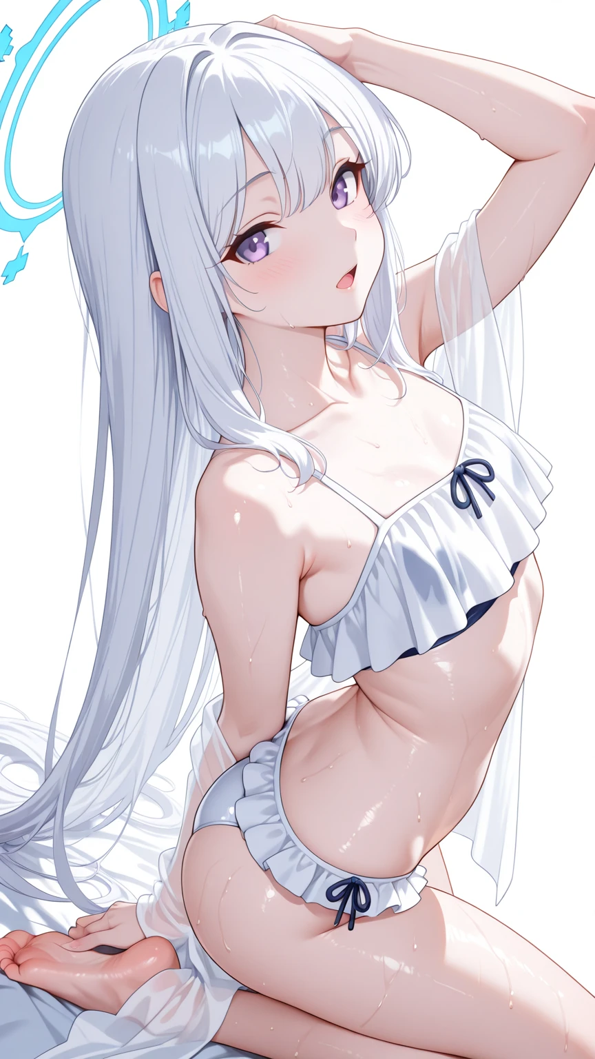 1girl, Angle from below:1.8, The girl bends forward to show off her breasts、legs apart, (Blade), (Tanned shiny black skin:1.6)、Glowing Eyes, ((Sexy evil grin)), (10 years old girl), rainbow color hair、Twin tails、forehead、breasts, pink rips, hat, ((((arabian white clothes, see-through)), (headband), (Areola Slip), small breasts, (jewelry)))、desert, ((sahara)), ((focus crotch)), (crotch),((foot)), ((acrobatic pose)), ((girl on top)),