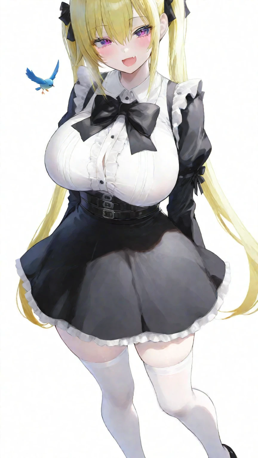 (One girl)、medium length hair、(sidelock)、((Blonde))、(slan eyes)、（boyish）、cute、(Big super breasts)、((Chubby))、Maid、No sleeve、mini skirt、White sleeveless、thigh-high socks thighhighs、(long gloves)、hairs between eyes、(coarse hair)、[flipped hair]、pink eye、expressionless、one eye closed、arm behind back、two side up、White Background、