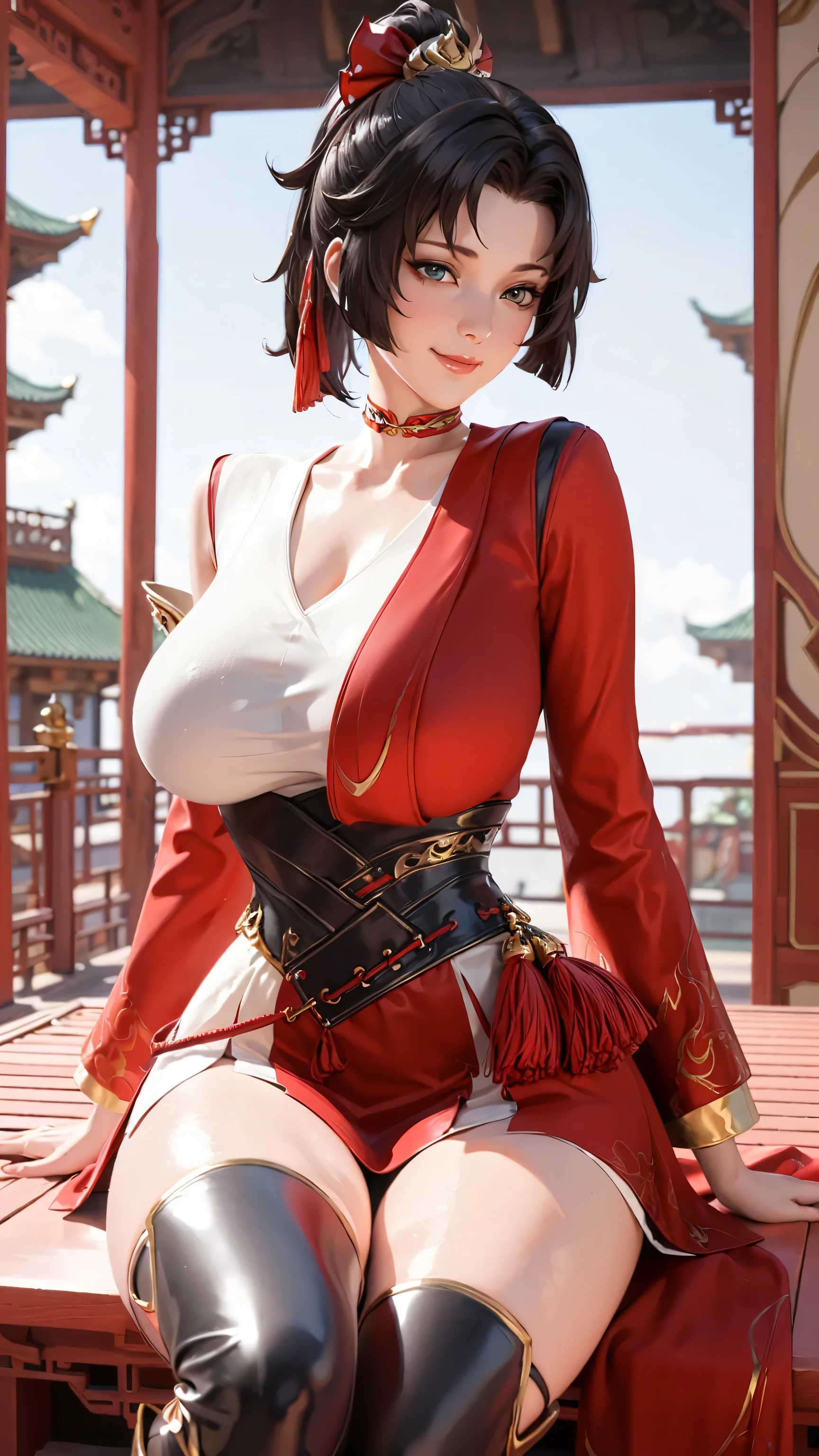 highres,best quality at best,masterpiece,quality,best quality,delicate facial features,look at the audience,there is light in the eyes,WZRYyunyingYP,(masterpiece),(best quality),masterwork,semrealistic,realistic,mature female,wide hips,fair_skin,shiny_skin,3d render,<lora:云缨yunying_ILV2-000016>,yunying,short hair with ponytail,black hair,red and white traditional outfit,red sleeves and shoulders,gold ornate patterns,black wide belt with gold decorations and red buttons,red and green necklace,hair accessory,red tassel accessory,thigh-high black boots with gold accents,seductive_smile,(big breasts:1.1),(thick_thighs:1.1),chinese roof,sitting on the roof,