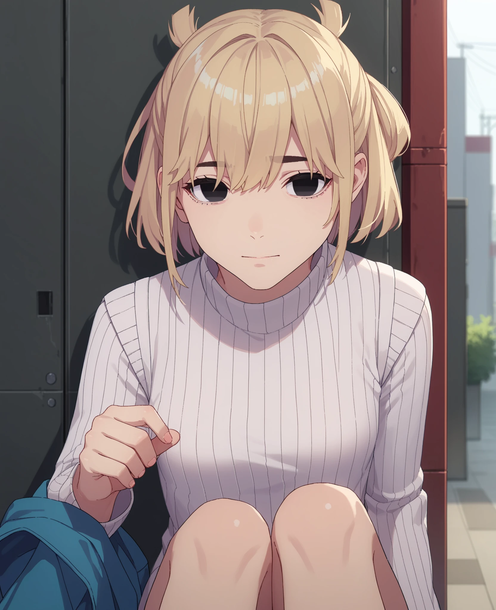 finest, masterpiece, High resolution, (Full body view from head to toe), front, frontComposition from slightly below, symmetry, 18 year old tall girl, alone, (whole body from head to toe), (small breasts), Unkempt brown hair, bangs, (black tights), (black pantyhose), (sit with legs spread), (squatting pose), (Composition showing white ), (her legs spread、I can see white .), (I was made to sit on the floor with my legs spread apart.), (M-shaped ), thin legs, A very beautiful and tall 18 year old girl, (not wearing shoes), blush, shy big eyes, looking at camera, blazer uniform, plaid pleated skirt