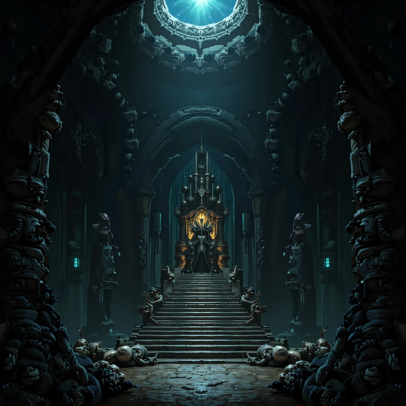 (anime: 1.5, dark fantasy: 1.5, throne: 1.5), ((best quality, highres, HDR:1.2)), vibrant colors, dangerous atmosphere, ((goblin king throne)), ((goblin lair: 1.5)), ((cave, obsidian cavern)), ((scratch banner)), ((totem, tribal, skulls, spikes)), dark :1.4, general shot