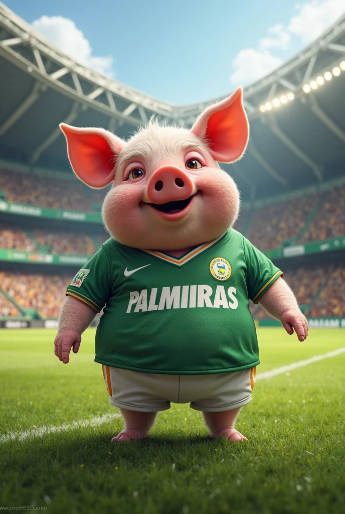 Piggy happy with his team's victory wearing a lime yellow shirt.