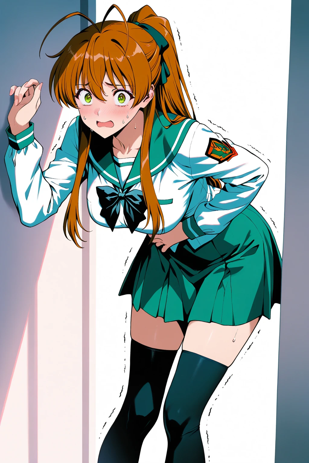 Monika (doki doki literature club), solo, Long brown hair, high ponytail, emerald green eyes, male blush, closed mouth, jacket, neck ribbon, shirt, long sleeves, detailed background, blazer, brown hair, blue skirt, white shirt, 1boy, hair ribbon, looking at viewer, , very long hair, skirt, pleated skirt, ribbon, red ribbon, white bow, (1boy, solo), ((femboy, trap, crop top, flat chest)), (Bulge), (((boy, femboy, femboi, girly, Skirt Lift, balls in panties, crotch, Penis dick bulge under clothes covered, (ultra-detailed, beautiful, best quality), crossdresseing male, cosplay, (masterpiece:1.2), (best quality:1.2), (very aesthetic:1.2), (absurdres:1.2), (detailed background),