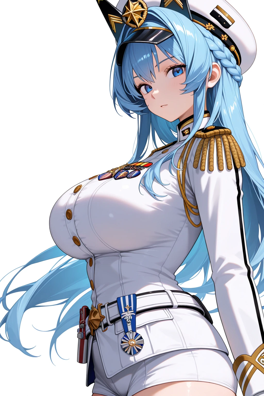 ((masterpiece)),(best quality),official art,extremely detailed CG,unity 8k wallpaper,ultra detailed,1girl,solo,upper body,(portrait:1.2),blue_eyes,mole_on_breast,large_breasts,blue_hair,white_headwear,smile,pleated skirt,white skirt,looking_at_viewer,white_jacket,black_gloves,short_hair,black_pantyhose,peaked_cap,hair_ornament,hairclip,cleavage,military_hat,blush,long_sleeves,bangs,medium_hair,collarbone,<lora:Chapayev(azur)>,
