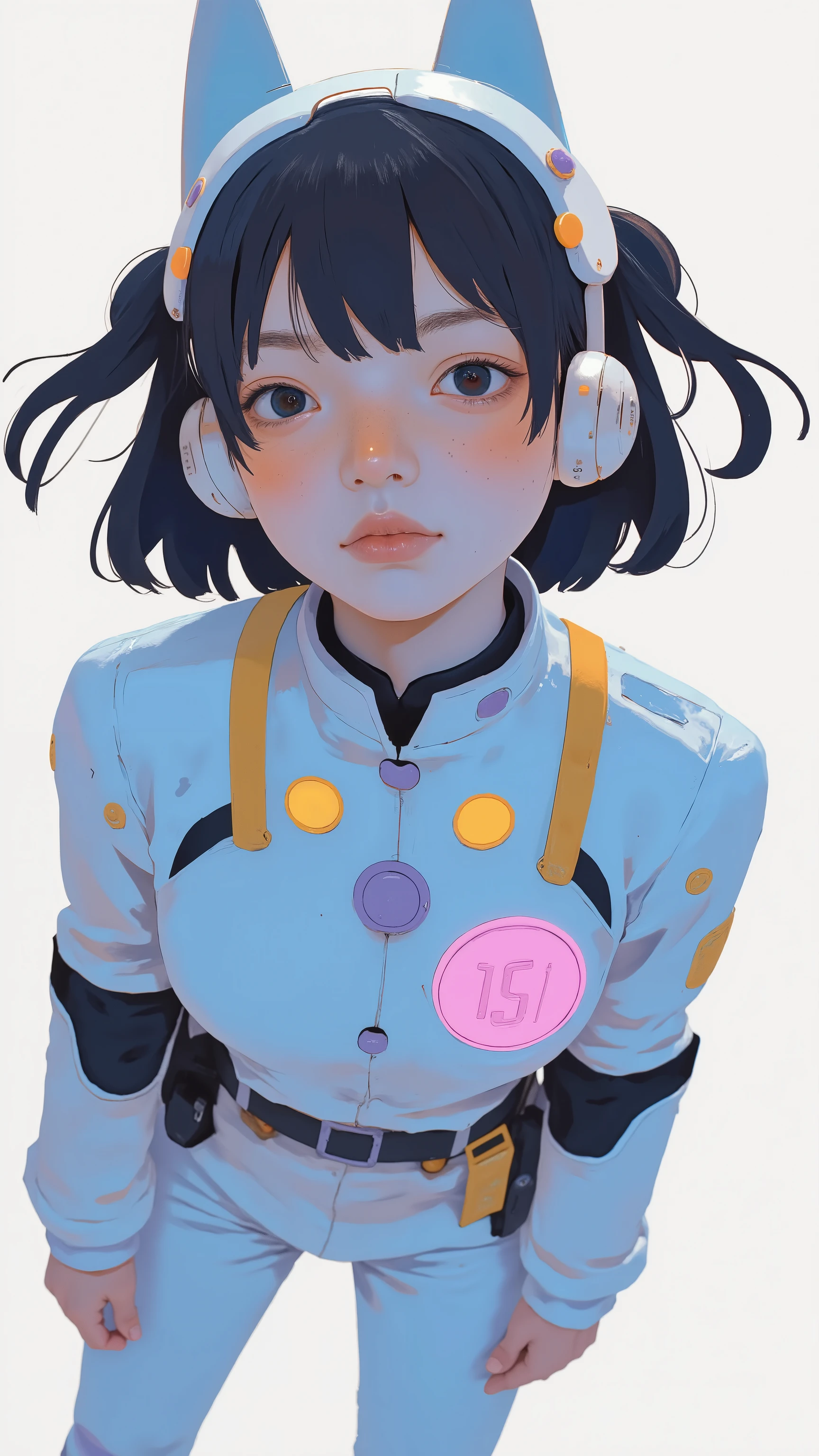 This image captures the sense of modernity and high-tech aesthetics {X} The illustrated character in a futuristic setting、bright light blue Kamen Rider build accented with white and black elements、In Style、, Implying movement. this costume 、 angular , minimalist details and panels that suggest advanced technology, It appears to be set against a detailed soft white background, that makes you feel an advanced sci-fi vibe. hidden shapes are clearly。, is a prominent number patch showing a story set in another world.