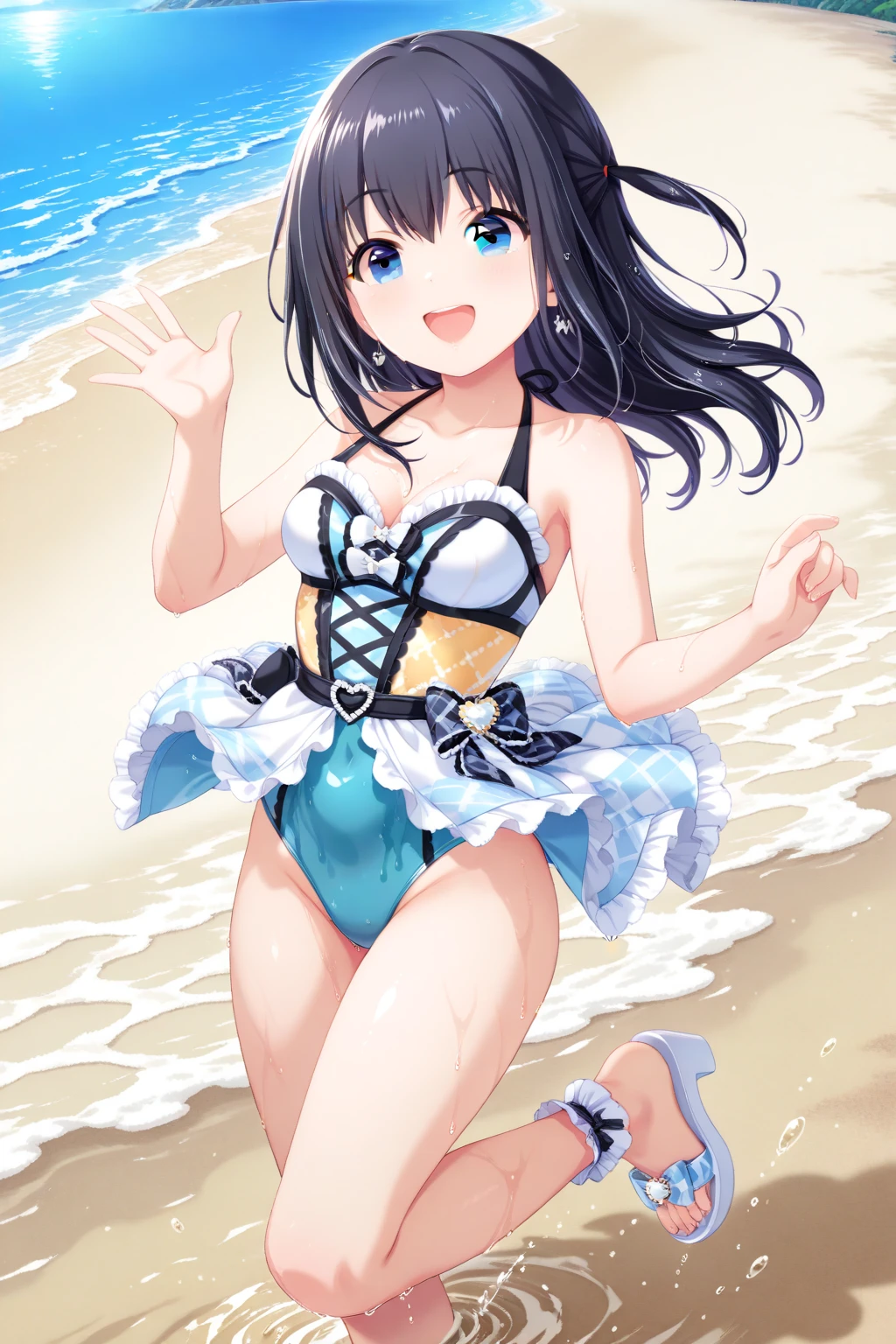 girl、solo、、swimsuit one piece、seductive pose、smile、beach、Playing with the waves on the beach、