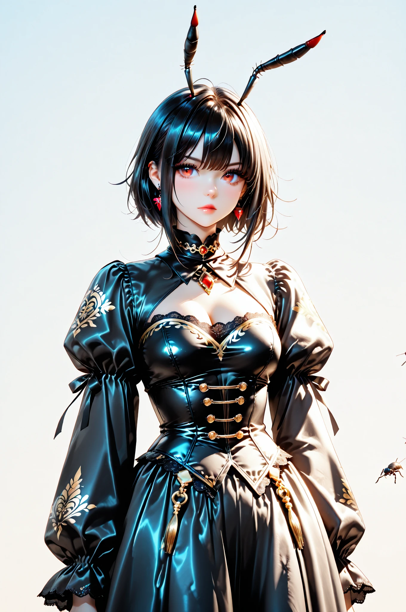 (masterpiece, best quality), 1girl, beautiful face, beautiful body, <lora:GAME_Archeage_ownwaifu:1> GAME_Archeage_ownwaifu,www.ownwaifu.com, black hair,breasts,lips,short hair,medium breasts,bangs,blue eyes,blunt bangs,braid,hair bun, cleavage,hair ornament,armor,thighhighs,dress,shoulder armor,black dress,earrings,jewelry,lace,long sleeves,