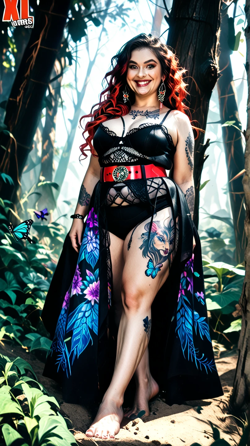 Asian WOMAN with fully tattooed body with very colorful patterns((full body tattooed with intense color patterns))