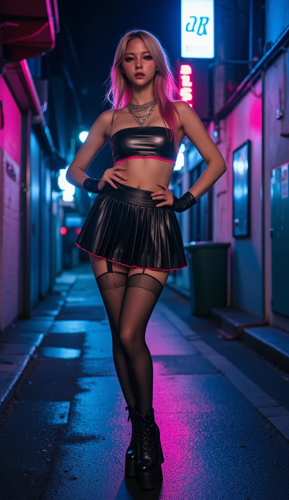（best qualtiy，tmasterpiece：1.3）， beuaty girl， Rainy days， Mist， alleys， looking at viewert， facing the photo， Cyberpunk-city， Alone in the alley， Neon lights in the alley， Very reflective city， long whitr hair，  leg-garter，Tight miniskirt，nedium breasts，Clothes with openings， perfect hand，delicated，the night，Fell，One hand between your legs
