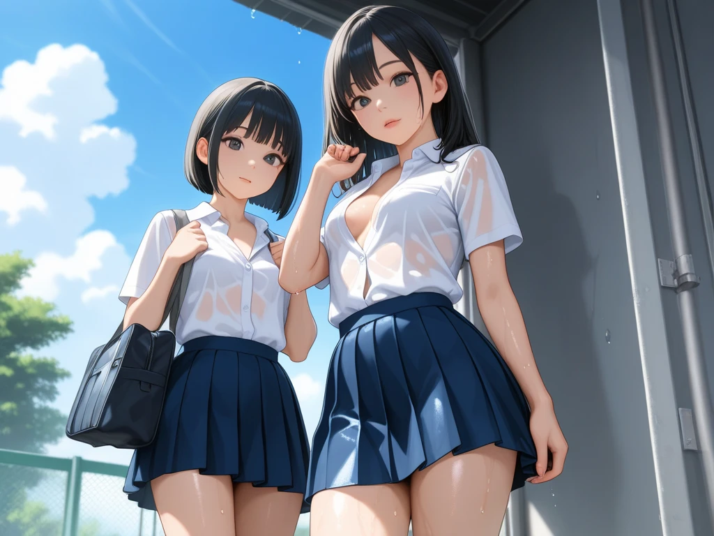 masterpiece, (realistic, photo realistic:1.2), ((highest quality), extremely fine and beautiful, beautiful face details, real human skin, realistic, photorealistic, 2girls、smile on face, cow-boy shot. School uniforms, shirt with collar, necktie, huge long breasts, tiny breasts emphasis, Naughty thighs, White shirt, White underwear, fingering, female masturbation, (wind, wind lift., Skirt lifted by the wind, Skirt rolled up by the wind, Skirt flutters:1.5), (Fully exposed panties:1.5), (white ribbed panties:1.5), (standing a:1.7)