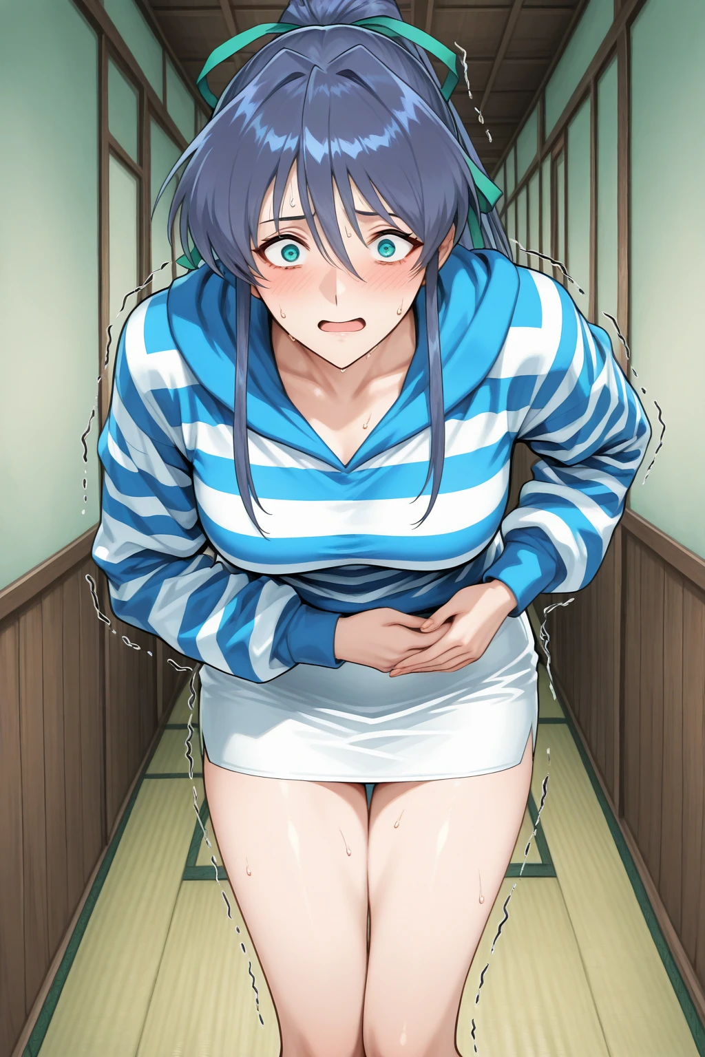 1girl, nsfw, furuderika, long hair, purple eyes, blue hair, blunt bangs, ,, , empty eyes , large breasts, nipple, Walking, , Abandoned Hospital frozen, wet, crying ,, Naked, , (1girl) solo, Peeing, lactation, projectile lactation
