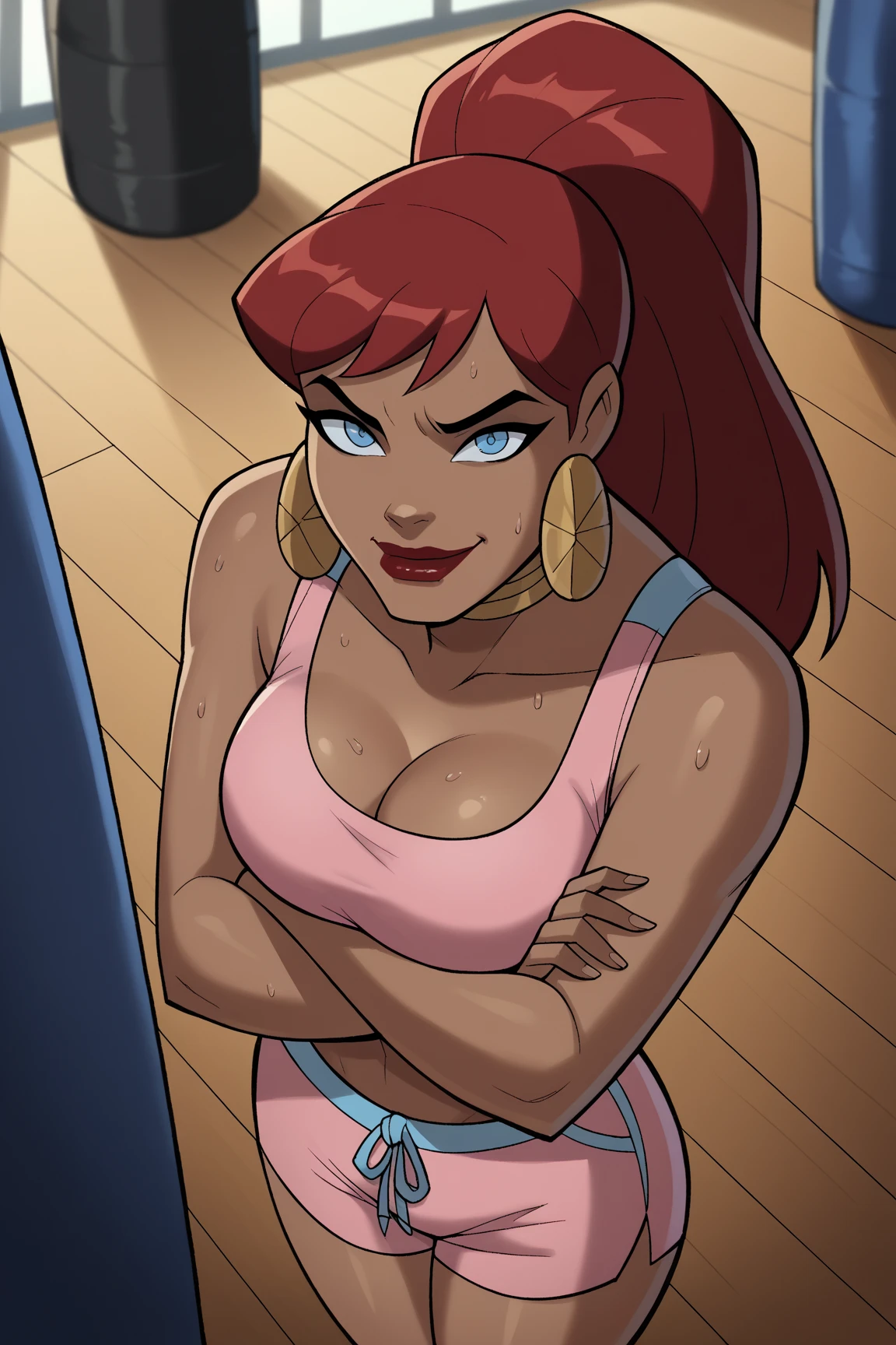 Masterpiece , best quality , Masterpiece , best quality , 1 woman , conjunctivitis , Pink ponytail , sly face , smile , black bikini , abdomen , big breasts , hands on hips , spread your legs , alley