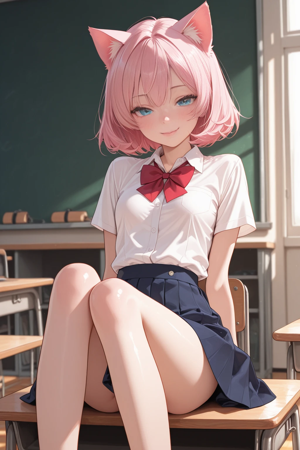 4K photo of a girl with pink hair, 17 years old, medium breasts, blue eyes, short hair, left bow tie...,, wearing a rain-soaked shirt.  Short black skirt, wearing earrings, lifting up the skirt to reveal black underwear. With a smiling face.