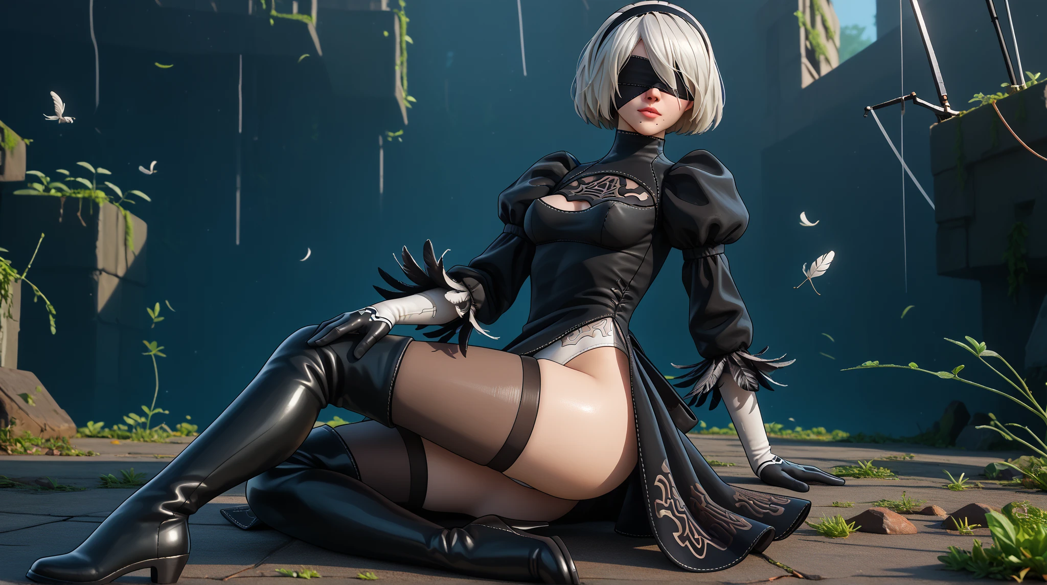 1girl,18yo,good anatomy, masterpiece, best quality,realistic, hyperrealistic, 16k hdr,,(NieR:Automata,2B),(black blindfold:1.5),(black hair band,choker,White High Leg,thigh high boots,Blake Black Skirt,black thigh high socks,Knee-high boots,Cleavage cut,cutting of clothes,high heels,long sleeve),bob cut,silver hair, large breasts,cameltoe,gorgeous panty,from below,dynamic pose,spread legs,
