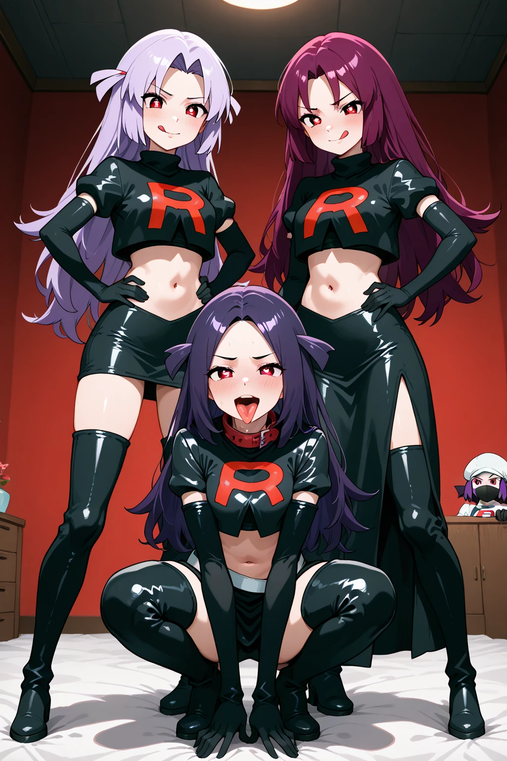 masterpiece, 3girls, looking at viewer, window, 3girls, <lora:3girls-TwoGirlsHoldingAGirl_Dron28_v1:0.8>
AND 1girl, jinx, 1girl, standing, long hair, pink hair, twintails, (colored skin, grey skin:1.3), pink eyes, smile, :D, underboob, (black dress, black boots:1.4), holding other leg,
[<lora:Jinx-DC_DogeOfVenice_v1:0.8>#cmd\(cooldown\(0.5\)\)] 

AND 1girl, raven, 1girl, (on back:1.3), spread legs, short hair, purple hair, hime cut, (colored skin, grey skin:1.3), purple eyes, forehead jewel, scared, frown, cleavage, black highleg leotard, blue slippers, arms at sides,
[<lora:Raven-DC_DogeOFVenice_v1:0.8>#cmd\(cooldown\(0.5\)\)] 

AND 1girl, starfire, 1girl, standing, green eyes, long hair, red hair, straight hair, (colored skin, orange skin:1.2), (purple thighhighs:1.2), smile, :D, cleavage, crop top, miniskirt,  holding other leg,
[<lora:Starfire-DC_DogeOFVenice_v1:0.8>#cmd\(cooldown\(0.5\)\)] 